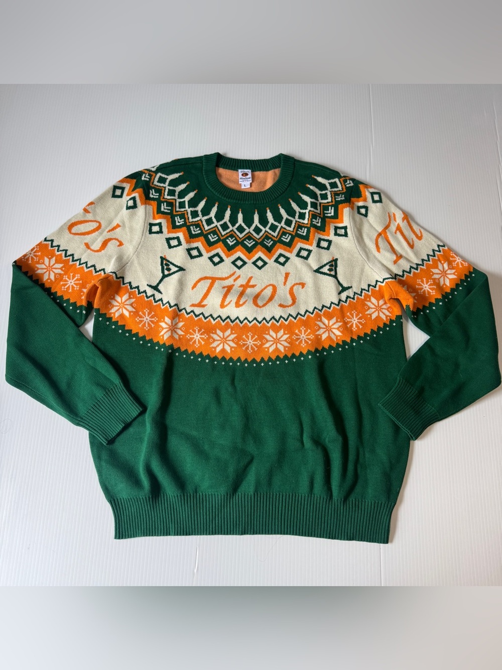 Tito’s Vodka Fair Isle Holiday Sweater Green Orange Après Ski Christmas Party L